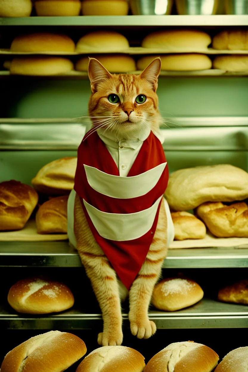 Portrait photo of an anthropomorphic baker cat at a bakery baking rustical bread, Fuji Velvia 50 film 4 HD