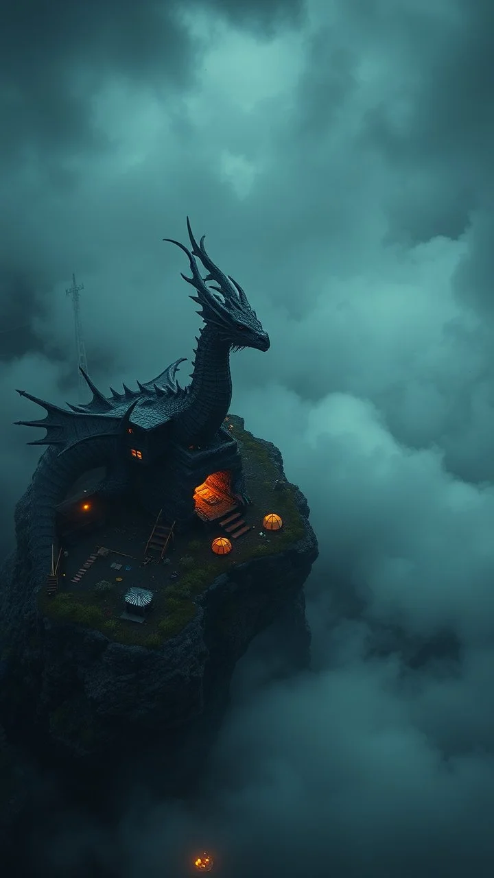 A top view of a campers around Dragon , surrealism of the dark of a nightmare one miles high and six foot deep, hyper photorealistic, hyper detailed dark art color, high resolution, fog, octane render, tilt shift, HDRI Environment, all pictures dark gray