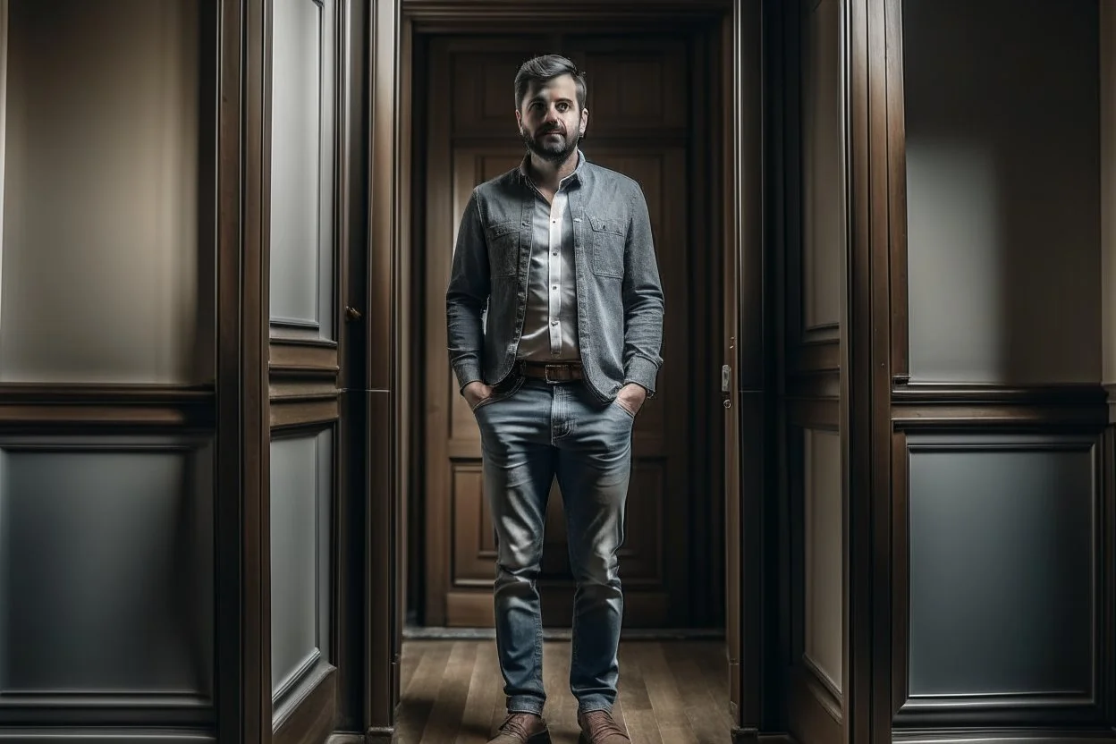 man in jeans and a shirt standing in a room of doors