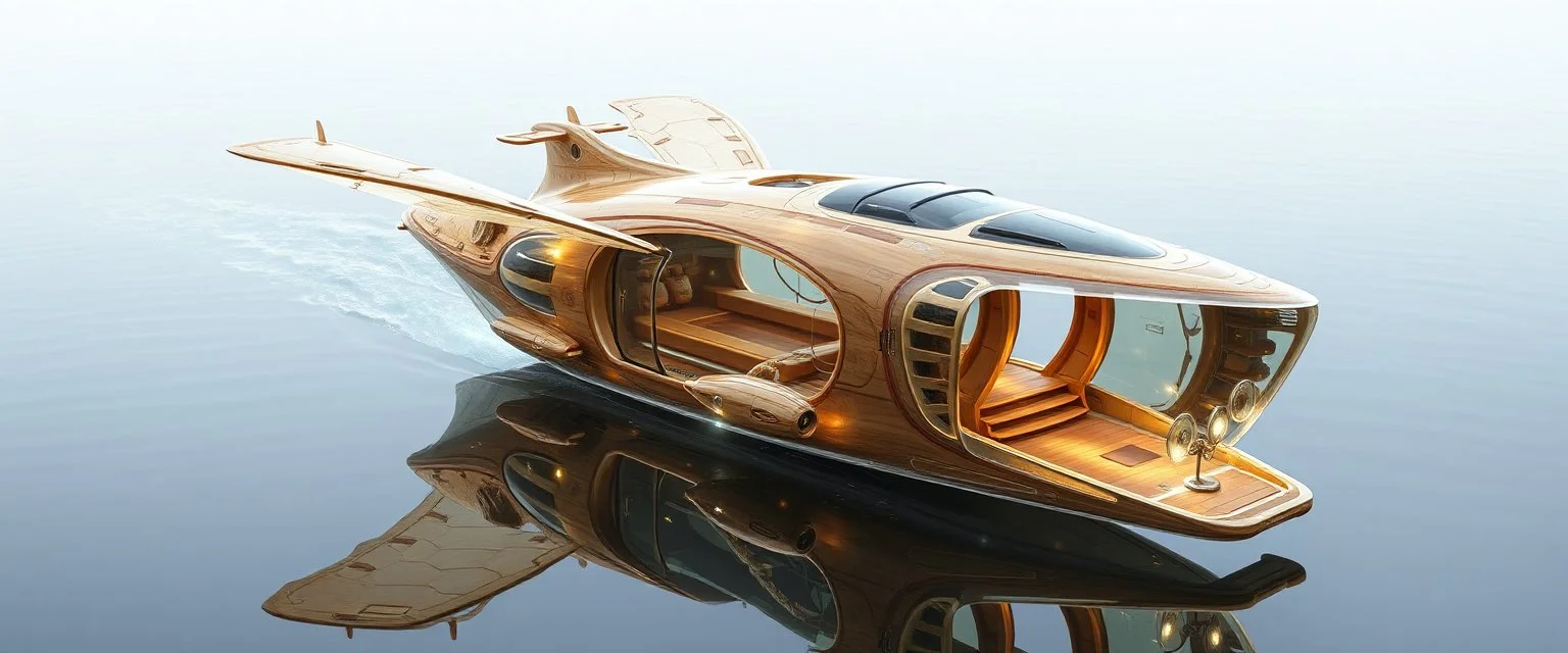 benign transparent superwood alien mega scifi boat with superwood draw bridge and wing doors