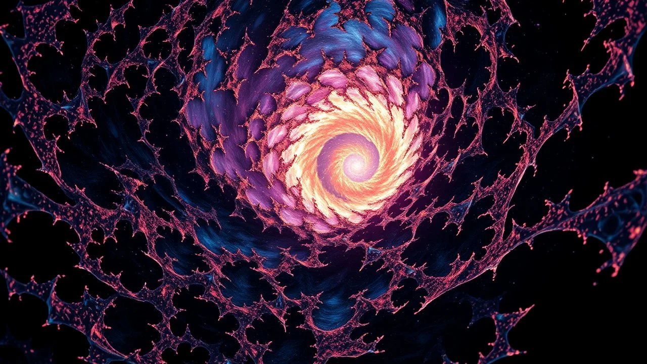 Looking into the eye of a galaxy of the most beautiful intricate fractals swirling going into infinity masterpiece, 32k resolution, dark fantasy concept art, lighting,hyperdetailed, intricately detailed, splash screen art, trending on Artstation, deep color, Unreal Engine, volumetric lighting, Alphonse Mucha, Jordan Grimmer, iridescent