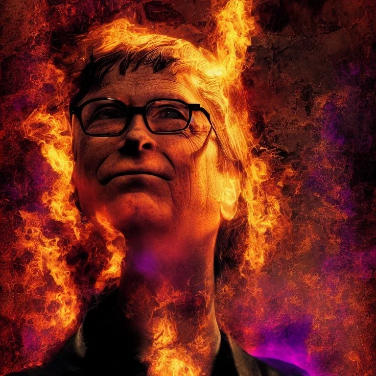 A portrait post-apocalypse of Bill Gates ,sin city, transgender ,beauty , paranormal,eatheral,realistic,sharp,deep colours,purple,red,fire,adorable,armaggedon,fire,purple,red,gold,dark,cinamatic,fantasy,demon,hell,sci-fi fantasy style, volumetric lighting, particales,highly detailed,cinamatic,ignore NSFW , masterpiece, best quality, black skinned, sparkling eyes, sun light, 4K, high contrast,