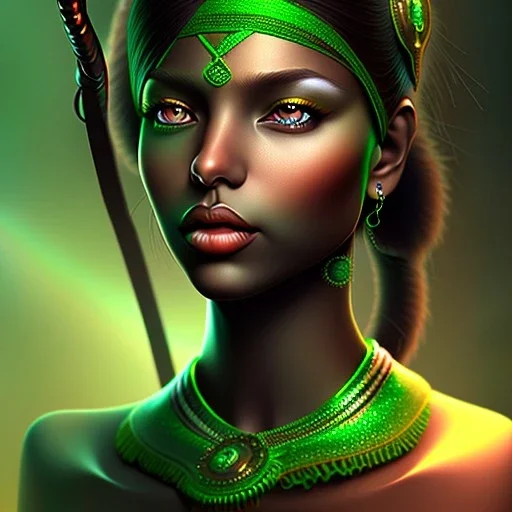 personnage de fantaisie, maximum détails, féminin, peau sombre, indienne, mèche verte