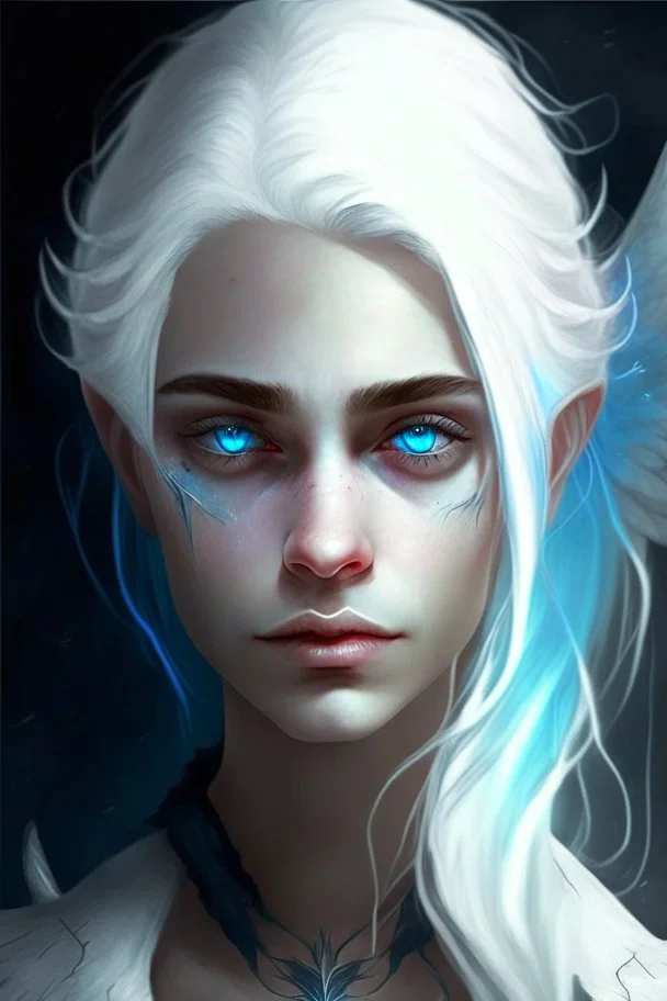 hauntingly beautiful character for dnd, young woman with white hair and blue eyes, angel