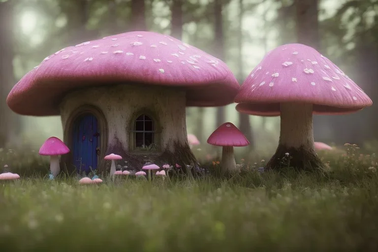 a cute flowering fairy house pink and blue in the forest, spring time, mushrooms, 8k, flickering light, centered, high-quality, fine-detail, digital art, detailed matte, volumetric lighting, illustration, 3D octane render