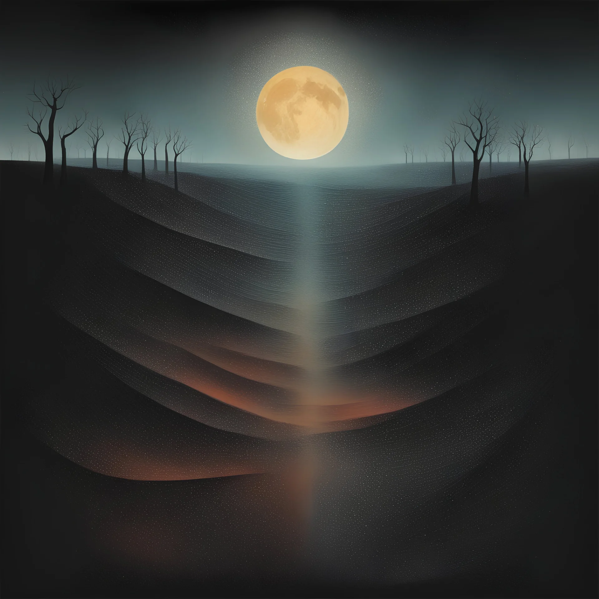 controlling my mind I get the night fever, night fever, Braille language textures, abstract surreal art, Colin McCahon and Beksinski and Arthur Secunda, mind-bending abstract illustration; asymmetric, uncanny landscape, sharp focus, dark colors