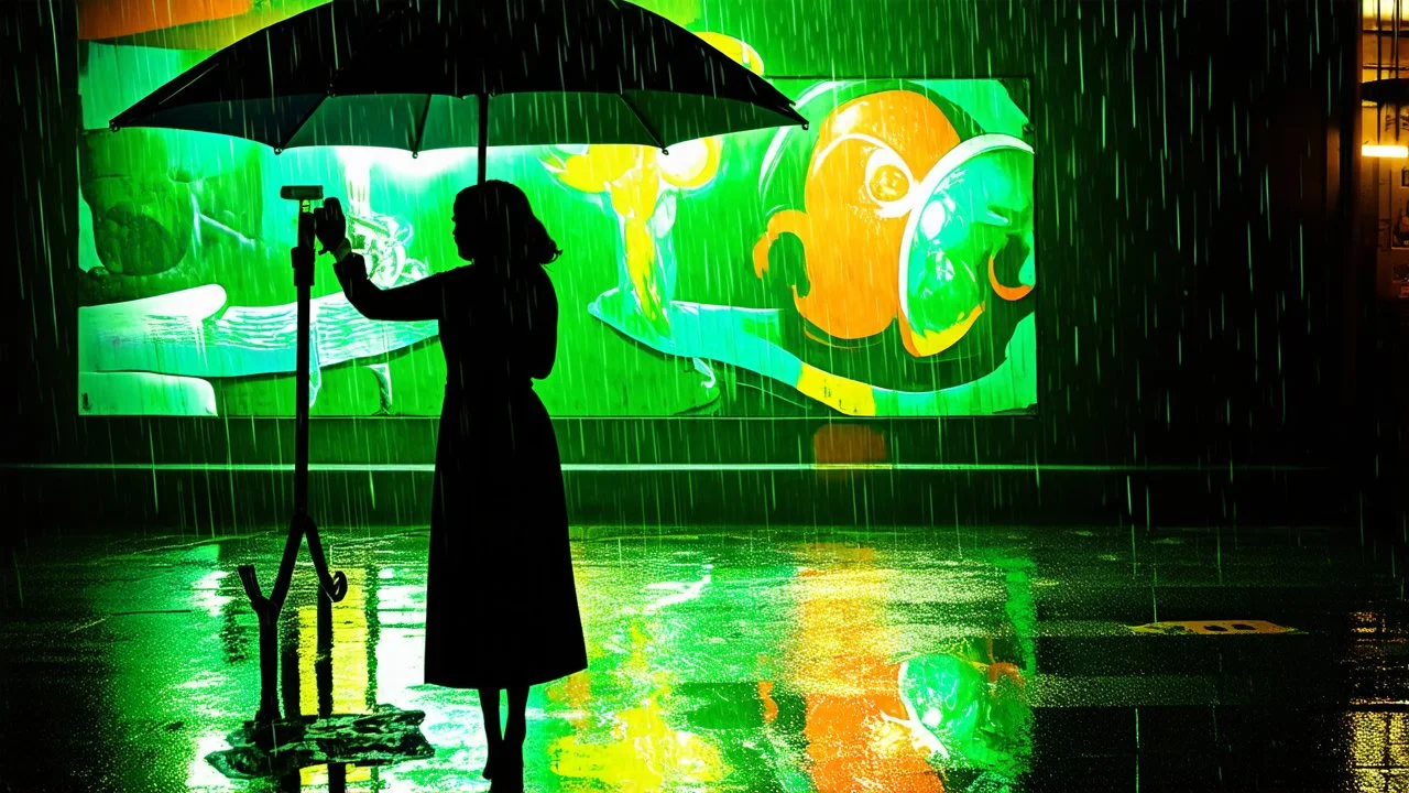 dark and mysterious, A rainy evening in a city, where a female Hispanic artist is seen painting a vibrant mural under an umbrella, with reflections of the colorful artwork shimmering on the wet pavement., sophisticated muted-green color scheme, dark shadows and fog, blurred, neo-expressionism