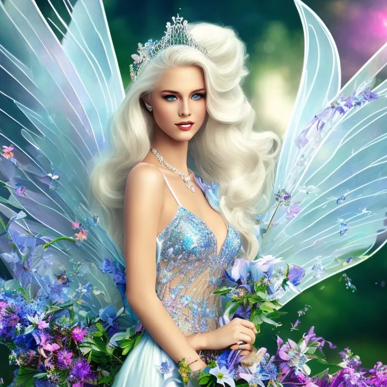 Fantasy fairy with transparent wings, smiling, make up, long platinum blond hair with crown and flowers, blue dress, flowering background