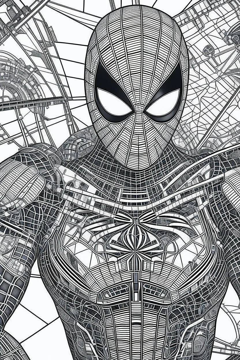 Arte lineal Spiderman cyborg, calidad ultra, hiperdetallado, maximalista, color blanco, increíble obra