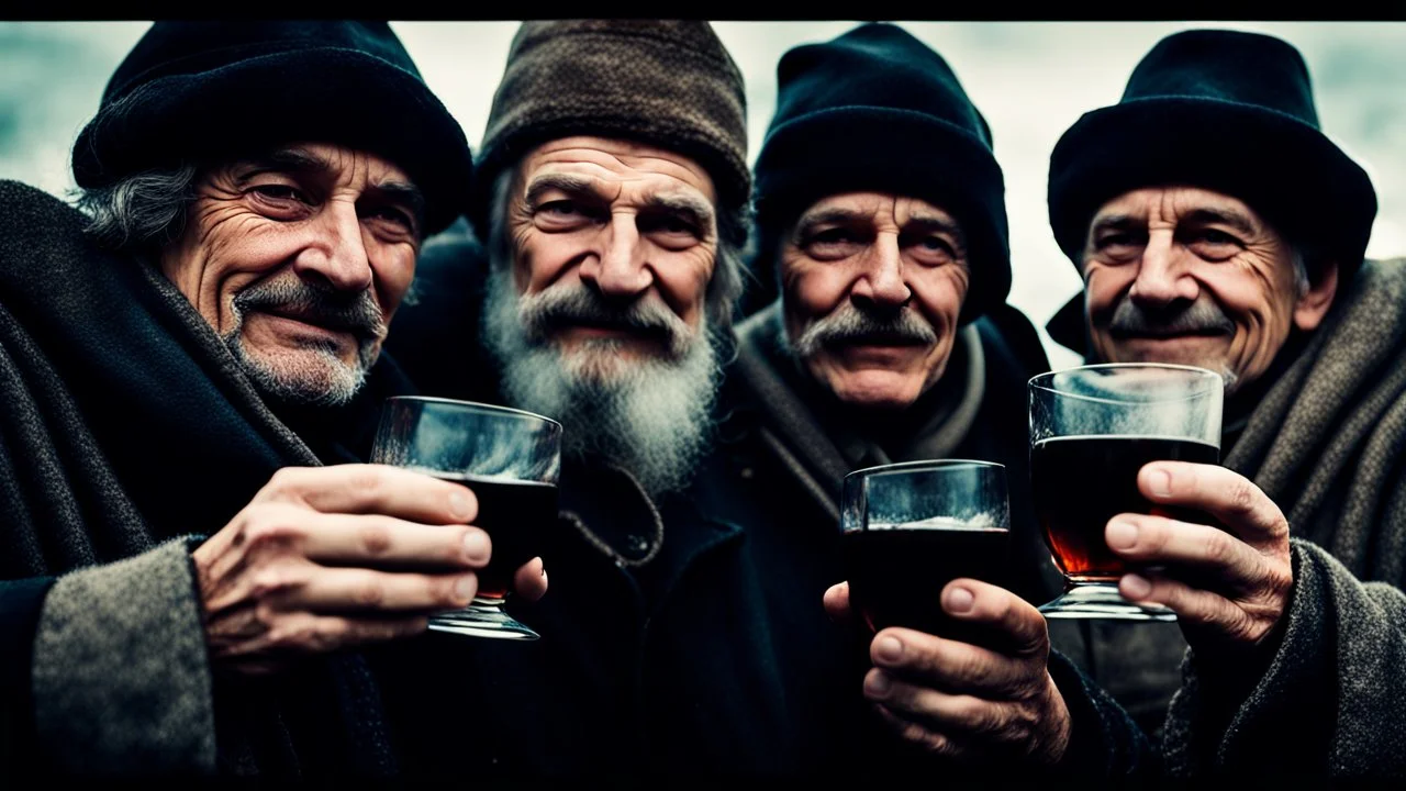 close-up photo, european hungarian villager mens in dark winter cloths toasting men's hands holding short drink glass glasses with water, winter, low light, background blur old authentic villager faces, high detalied, sharp focus, high realistic, perfect photo