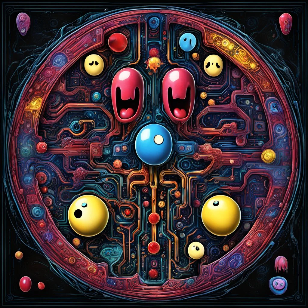 Surreal Horror PAC-MAN and Pac-man ghosts digital art, surreal interpretation of the pac-man video game in a sinister motif, some artistic abstractions and aberrations, Pac-man as a video game avatar but under the skin is actual anatomic organs, digital art, smooth masterpiece