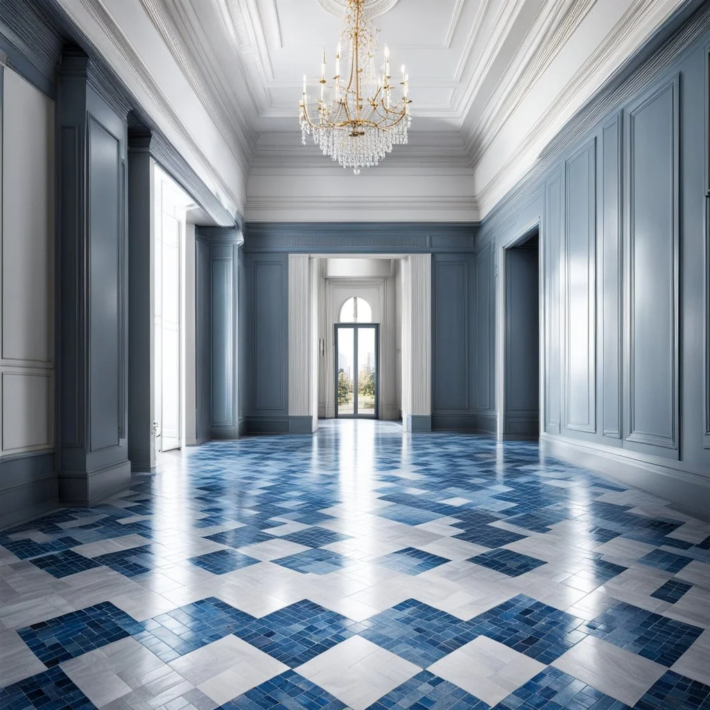 luxury hall ,tiled blue and gray large floor,