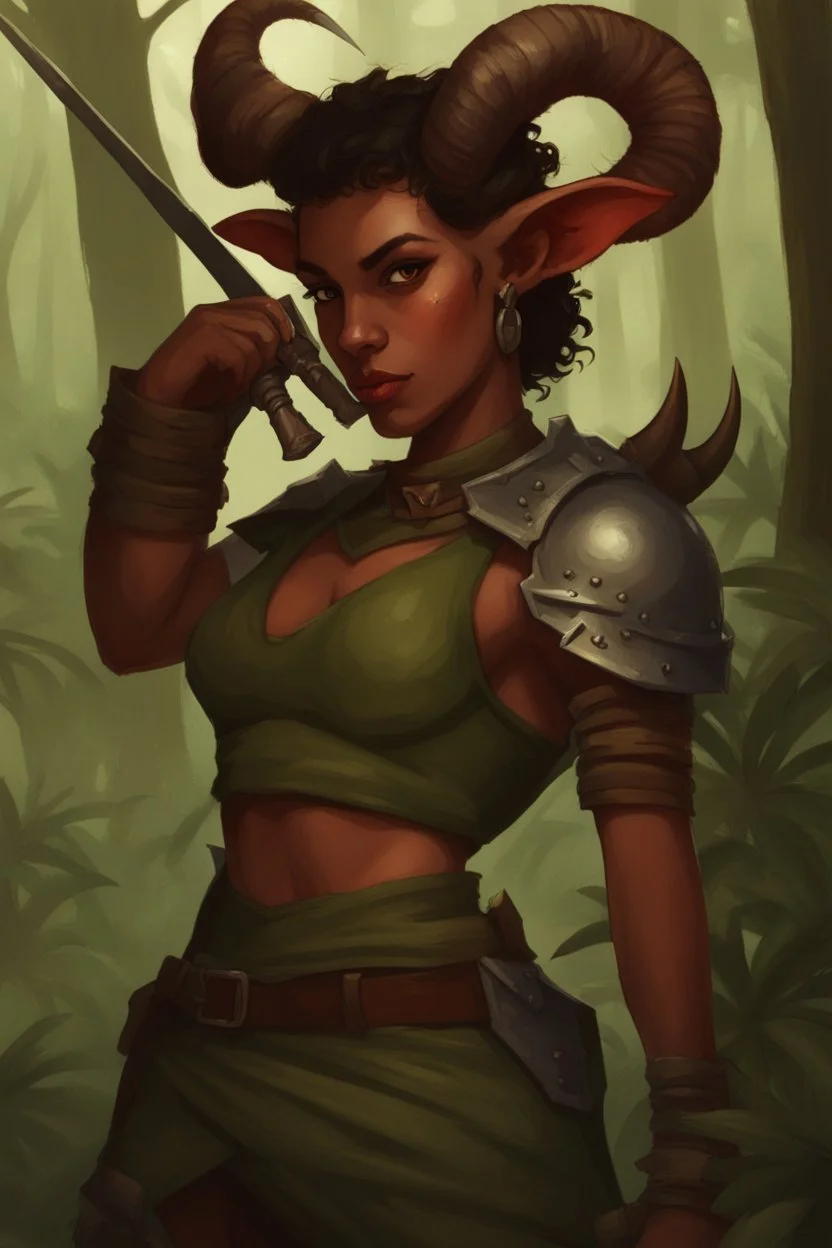 A DnD character. A female horned Tiefling ranger in a jungle. The Tiefling has a little dinosaur on her shoulder and a rapier in her hand.