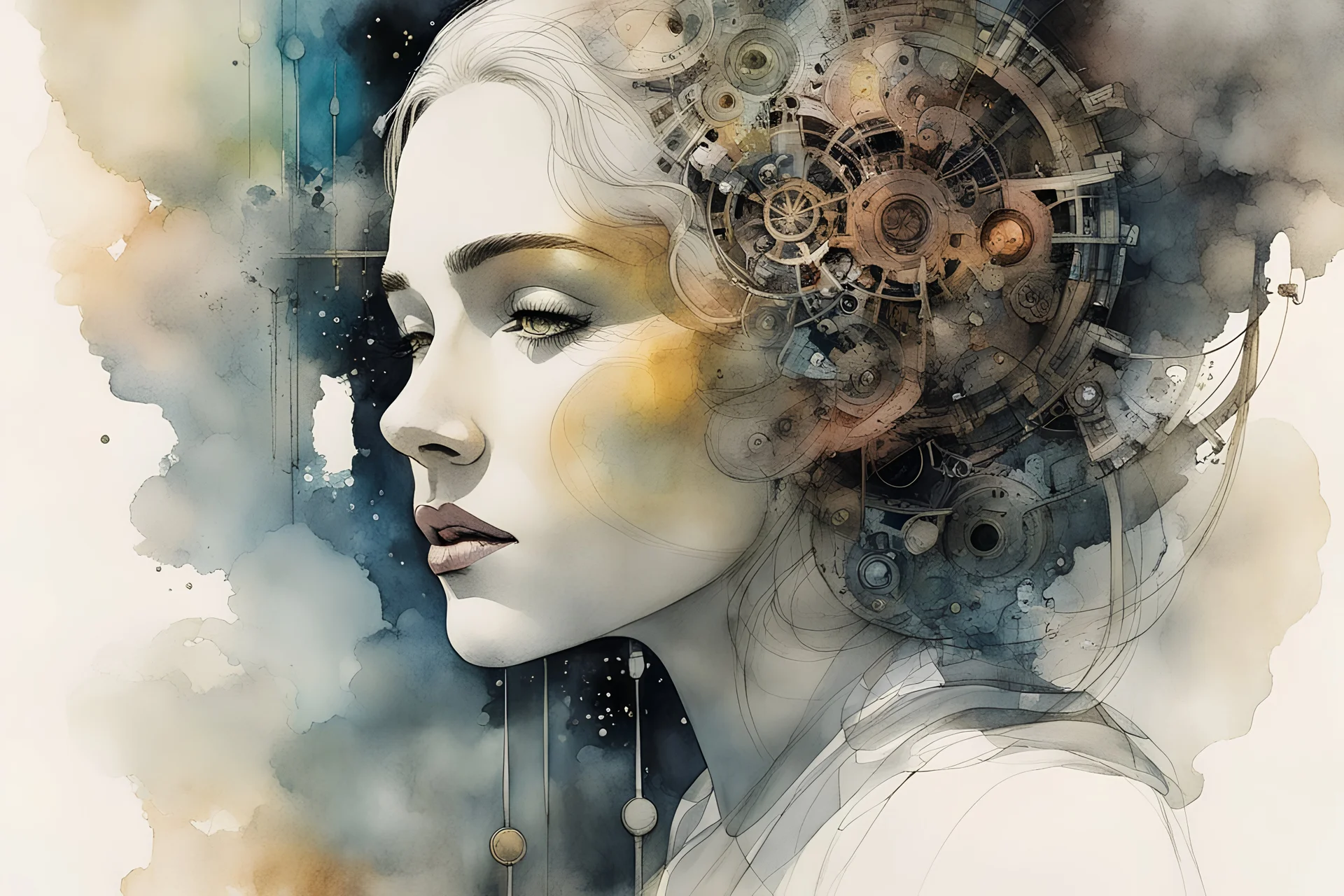 an ink wash and watercolor portrait of the inner workings of the cosmic clockwork mind as she wonders at her own existence , Tracy Adams , Gabriel Pacheco , Douglas Smith , Bill Sienkiewicz, and Jean Giraud Moebius , muted natural color, sharp focus, ethereal and filled with wonder