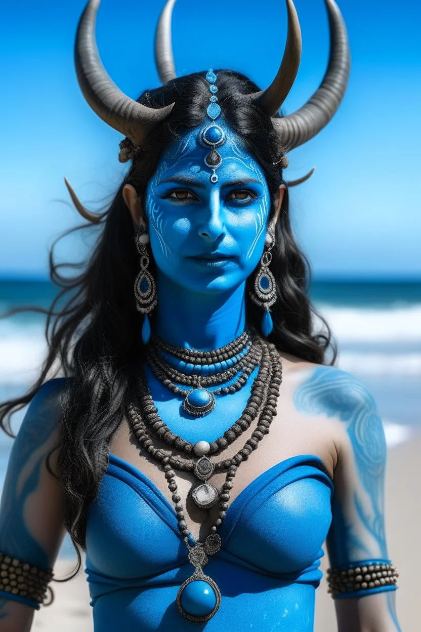 A photo of a blue skin Hindu goddess with painted blue face and body skin, wavy black hair deer antlers standing on a sunny beach