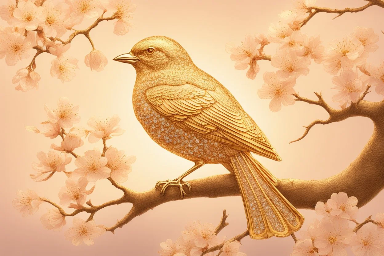 An image of a crystal bird covered in gold etching and diamonds, perched on a branch of cherry blossoms. The scene is illuminated by a soft, ethereal light, enhancing the intricate details and textures of the bird and the surroundings. The art style is detailed, realistic, and captures the magical essence of the scene, trending on ArtStation. The composition combines elements of classical elegance and modern fantasy, reminiscent of the masterful works elegant fantasy intricate high