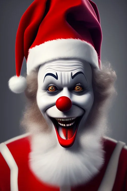 Clown from IT dressed in a santa outfit ,high detail, volumetric lighting, tiny features, intricate detail,volumetric clouds