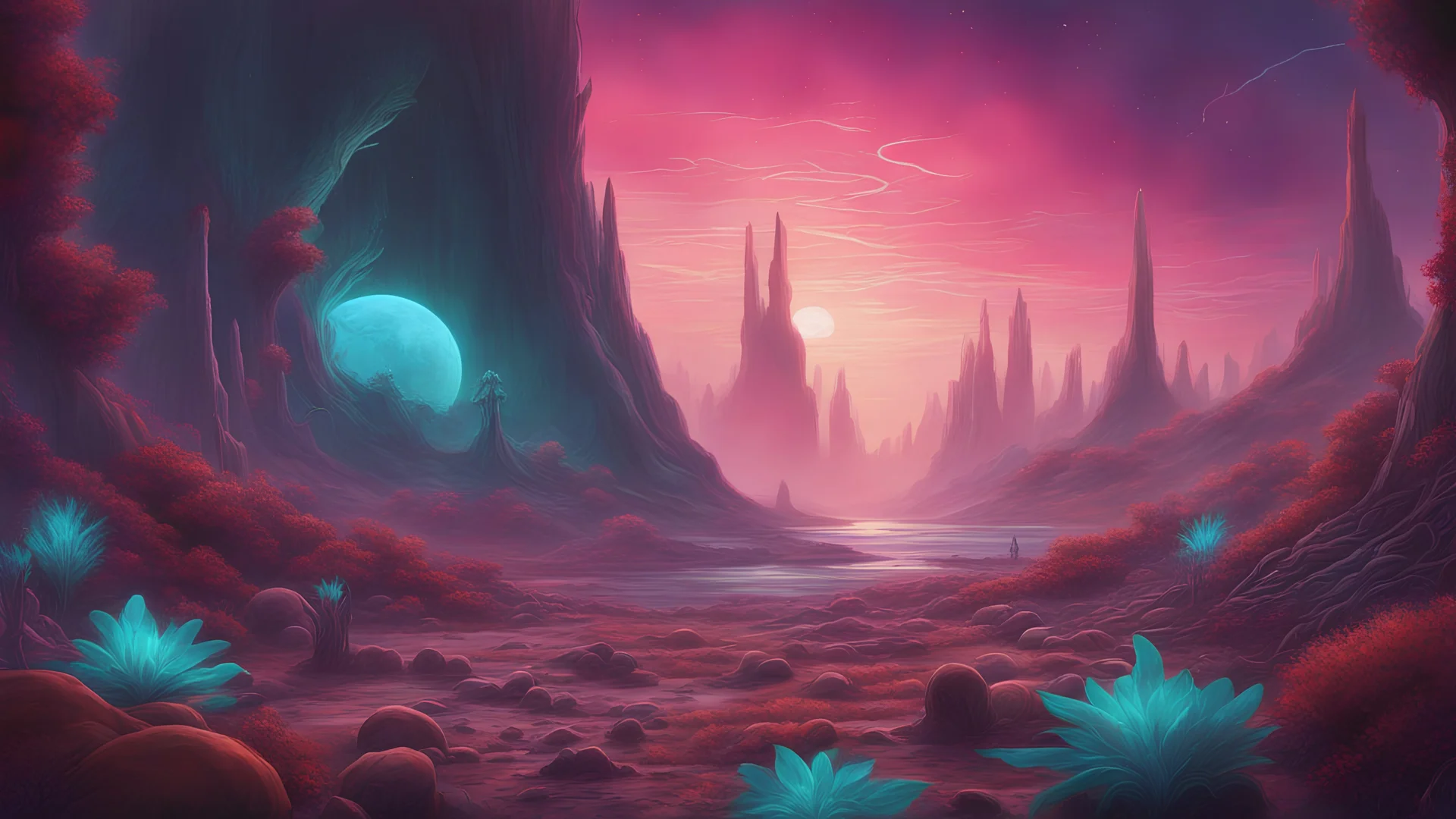 A captivating sci-fi digital painting of an alien landscape, teeming with otherworldly plants that emit a soft, eerie glow. Weird, bioluminescent creatures of various shapes and sizes roam the landscape, blending seamlessly with the vibrant flora. In the distance, a cluster of distant planets can be seen, each with unique colors and textures. The overall ambiance of the painting exudes a sense of mystery, wonder, and exploration.