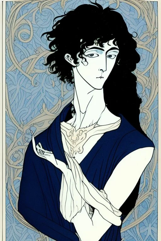 young black haired blue eyed wizard in the style of aubrey beardsley