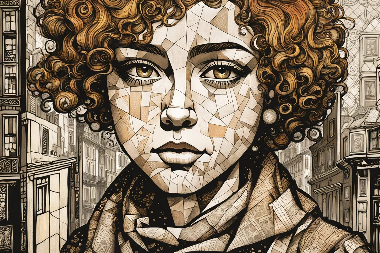 create an abstract cubist, lithographic print illustration of an epic grubby and ragged,17th century female Paris street urchin with highly detailed and deeply cut facial features, in the style of GUSTAV KLIMT, EDWARD BURNE-JONES, WILLIAM MORRIS, and KATHE KOLLWITZ combined with the comic art style of BILL SIENKIEWICZ and JEAN GIRAUD MOEBIUS, searing lines and forceful strokes, precisely drawn, boldly inked, and darkly colored