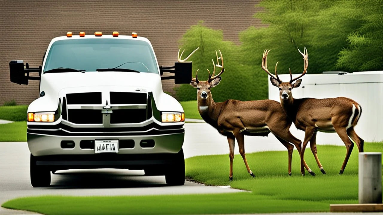 3 deer that look like Mafia Goons take charge at the moving truck company corporate complex using Human like Mafia tactics brute force