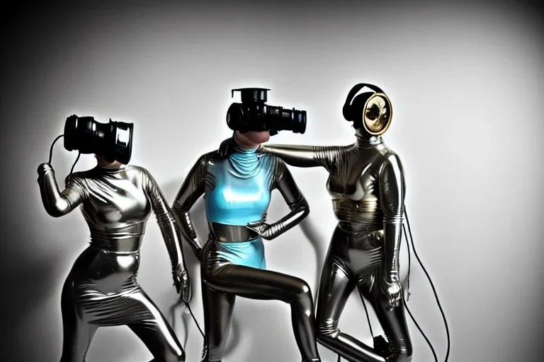 Golden to cyan surfaces body, latex. Tendril-gas-mask-Synthesizer-proboscis. Lightly armored bodies. Metallic headphones and speakers. Alina Li and Asa Akira. Old-fashioned cameras integrated to heads. simple faces. Strange Steam-punk Silver tumbler hands! Dystopia perfect body. Mind-download from 1950's computer. Partly symmetrical in relation to the computer. Perfect golden ratio in all directions. Space-corruption. Steam-machines-tubes. Oppressive atmosphere. Thick cables, Enigma.