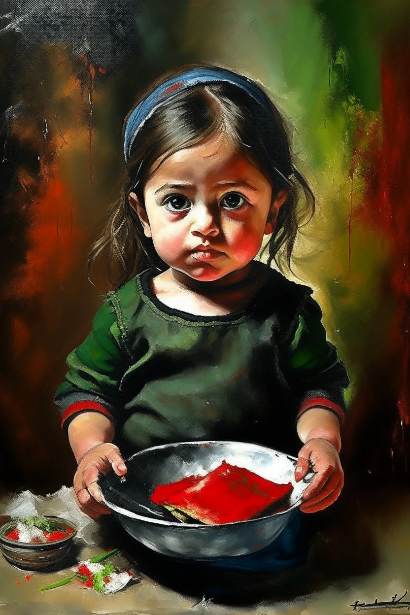 an expressive painting of a 3 years old girl poor with Ruth clothes asking for food with a pan in her hand painting, with Palestinian flag in the background, we might see a companion with features of absolute strength and determination, blended with warmth and deep faith. Perhaps his face expresses wisdom and courage, with eyes radiating confidence and faith.