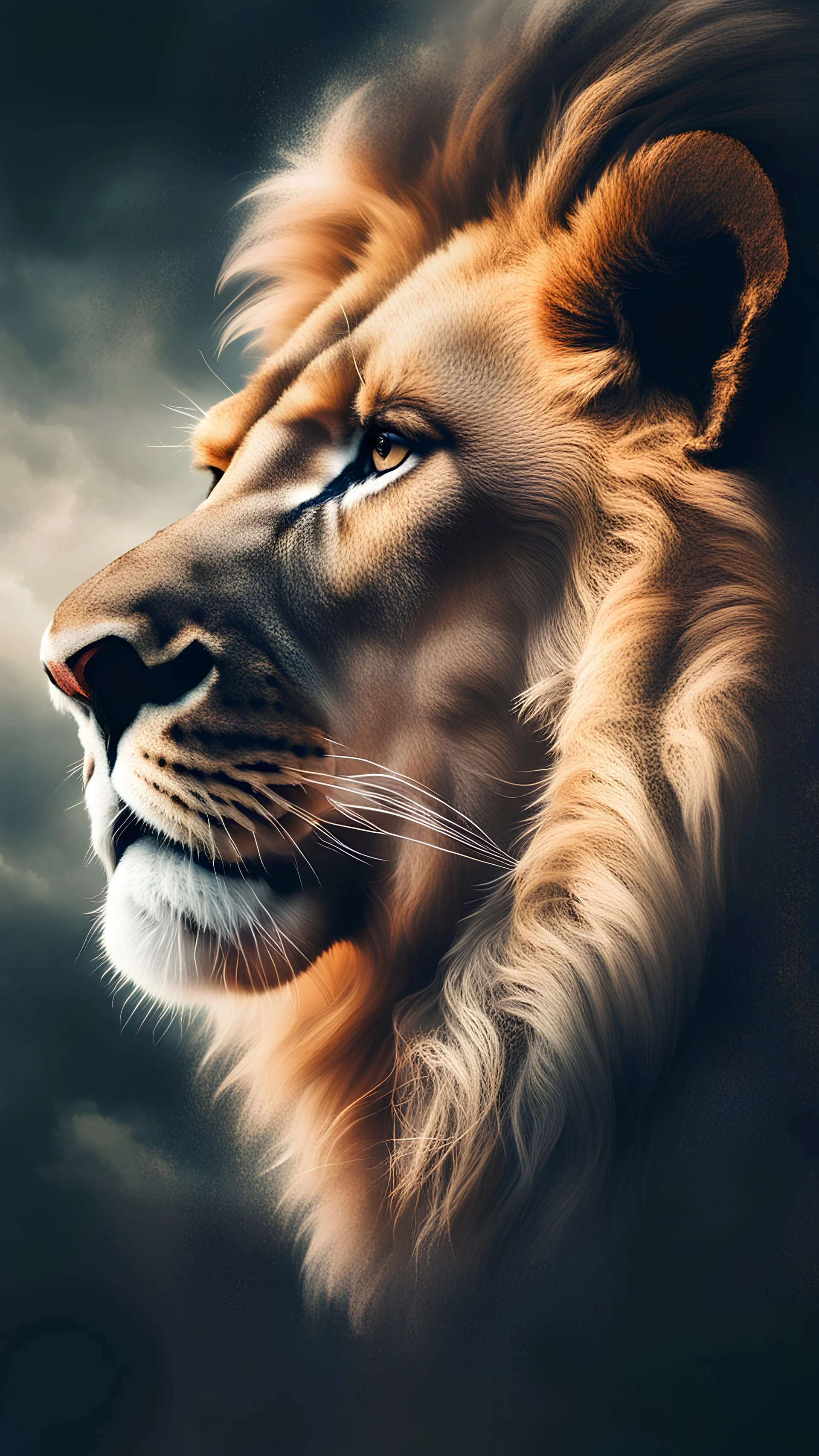 A mesmerizing double exposure photograph masterfully combines the side profile of a majestic lion's face with a serene landscape. background Dark Grundge