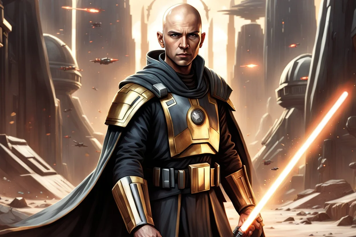 star wars bald male corellian jedi pilot wearing black and gunmetal grey old republic armored robes with gold trim, alone, battle-ready Jedi Master defending a ruined ancient city surrounded by golden light, centered head and shoulders portrait, hyperdetailed, dynamic lighting, hyperdetailed background, 8k resolution, volumetric lighting, light skin, fully symmetric details