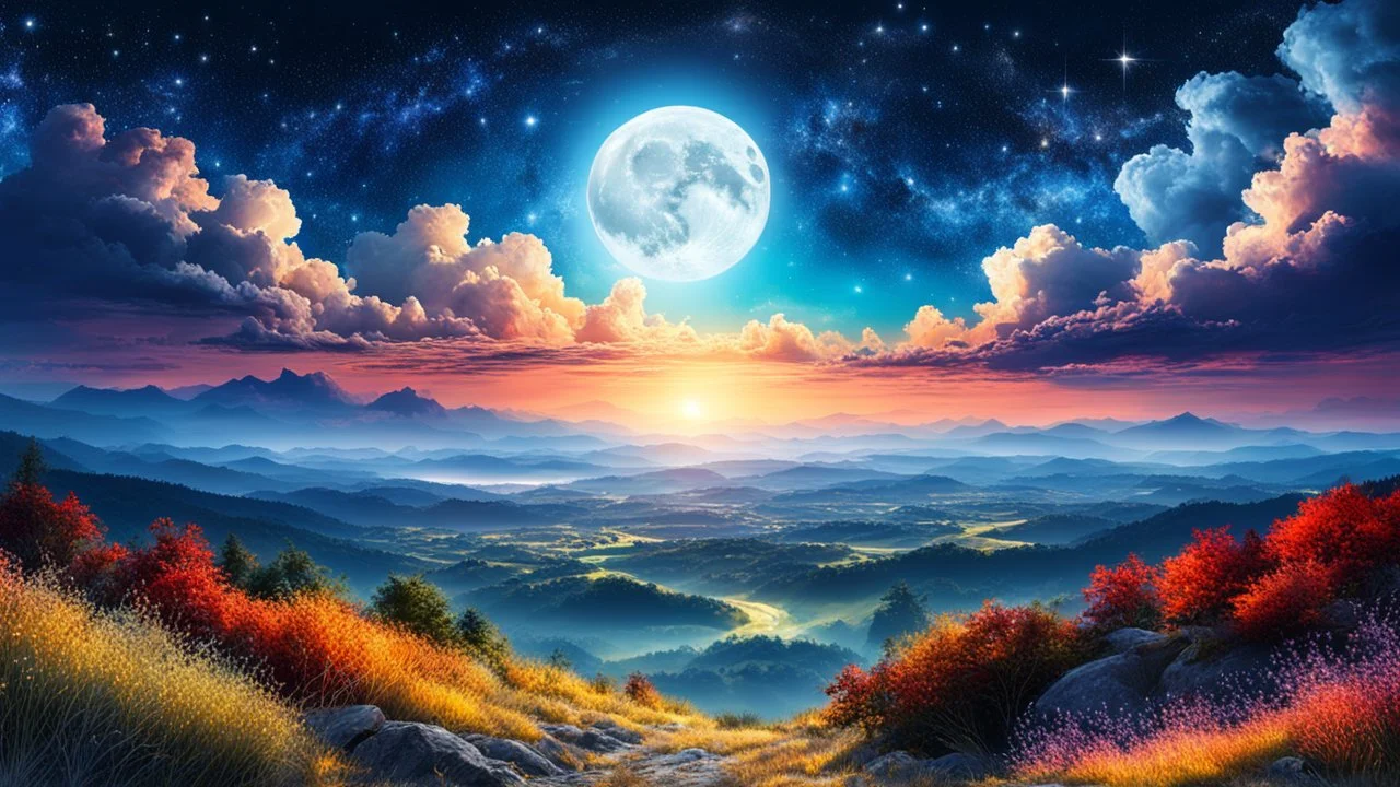 landscape, night, fullmoon and stars, over many clouds, beautiful artwork, vibrant colors, 4k, high quality, high detailed, whiteness background.