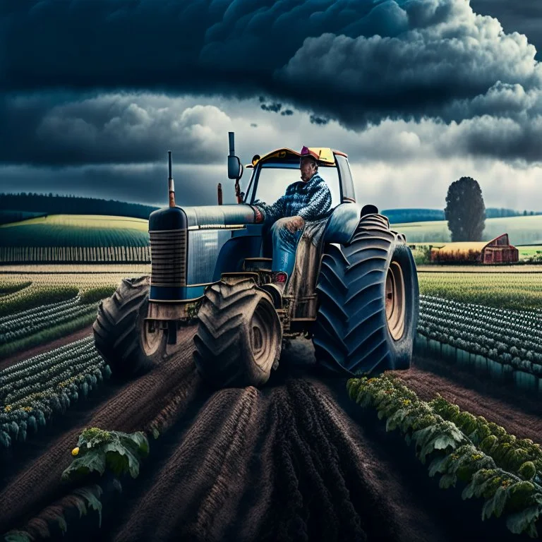 A farmer wearing denim overalls and wearing black rubber boots is plowing an agricultural field with a tractor, in the background hills of vineyards, a forest and a large barn, cloudy sky, lunch time, outdoor shot, cinematic, 12K, 1024X1026 pixelowers,types of flowers with name