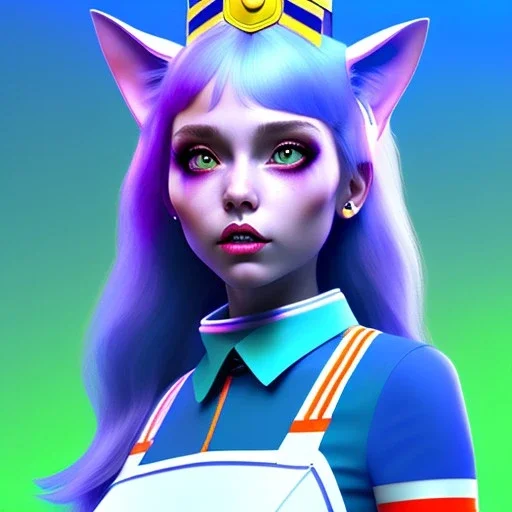 waitress teenager, Caucasian race, cat ears latex headband, rounded face, short hair, blue makeup, striped shirt, vibrant color, highly detailed, gradient background, concept art, smooth, 16 bit, unreal engine 5, god rays, ray tracing, RTX, lumen lighting, ultra detail, volumetric lighting, 3d, finely drawn, high definition, high resolution.