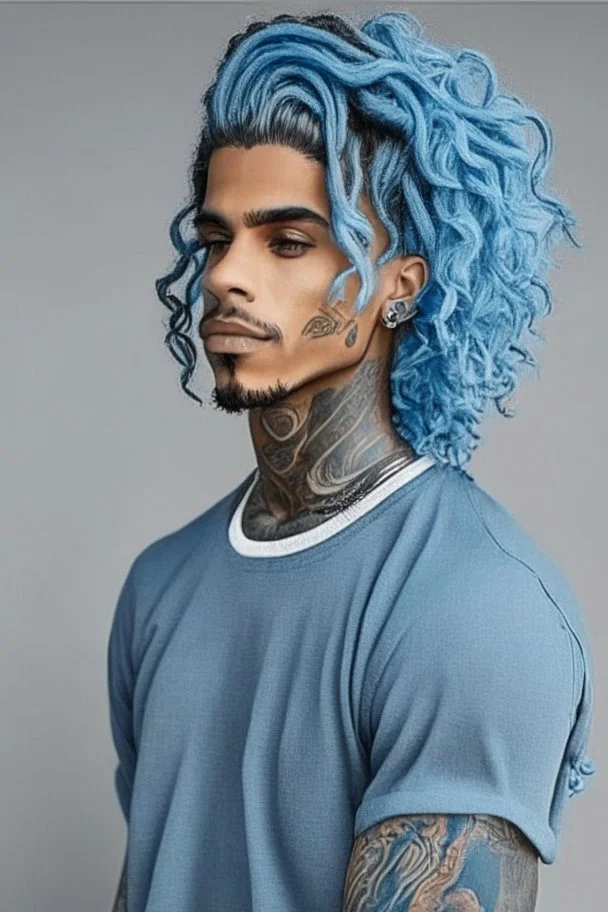 longish light blue wavy hair, brown skin, grey eyes, tattoos, black turtle neck clothing, hispanic