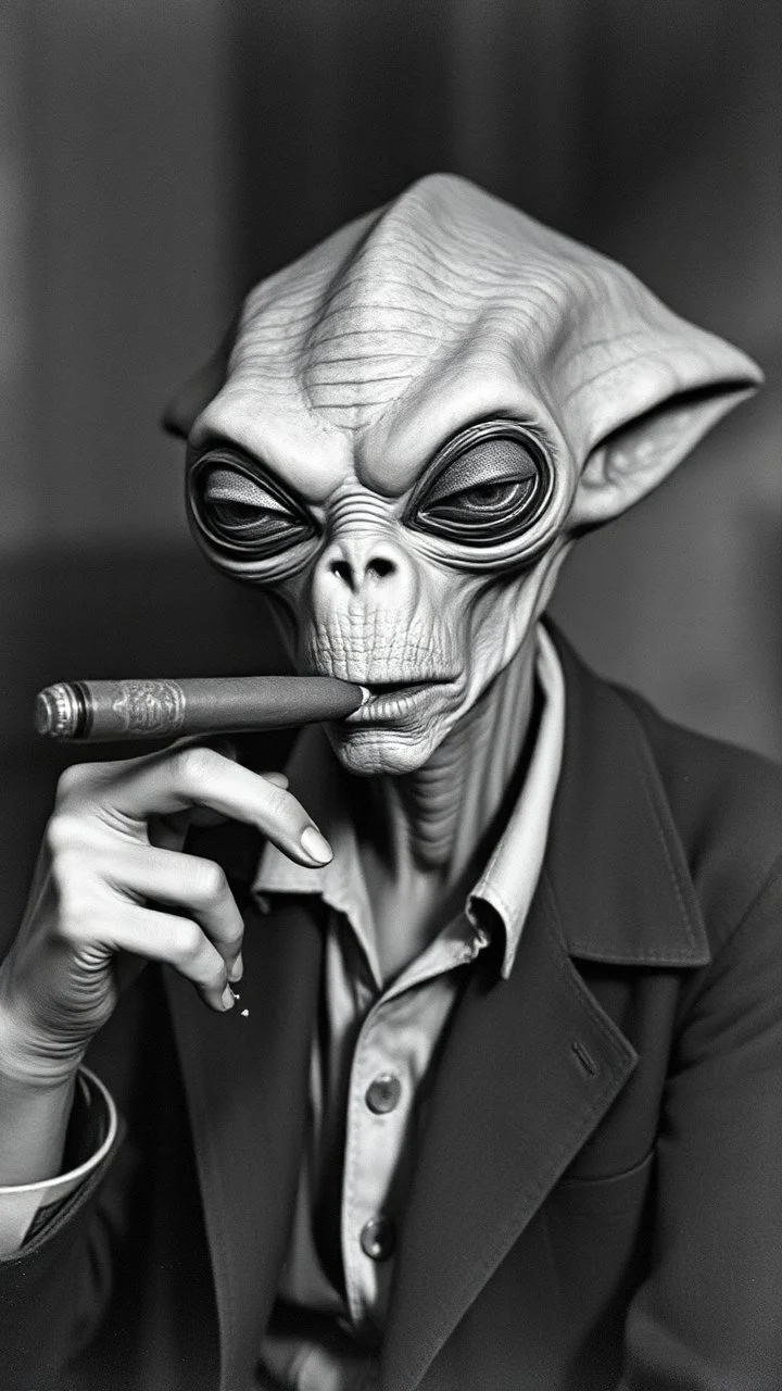 Get An old picture style of black and white mono very bad quality looks very old camera picture of an alien smoking a cigar like al capon , year 1900