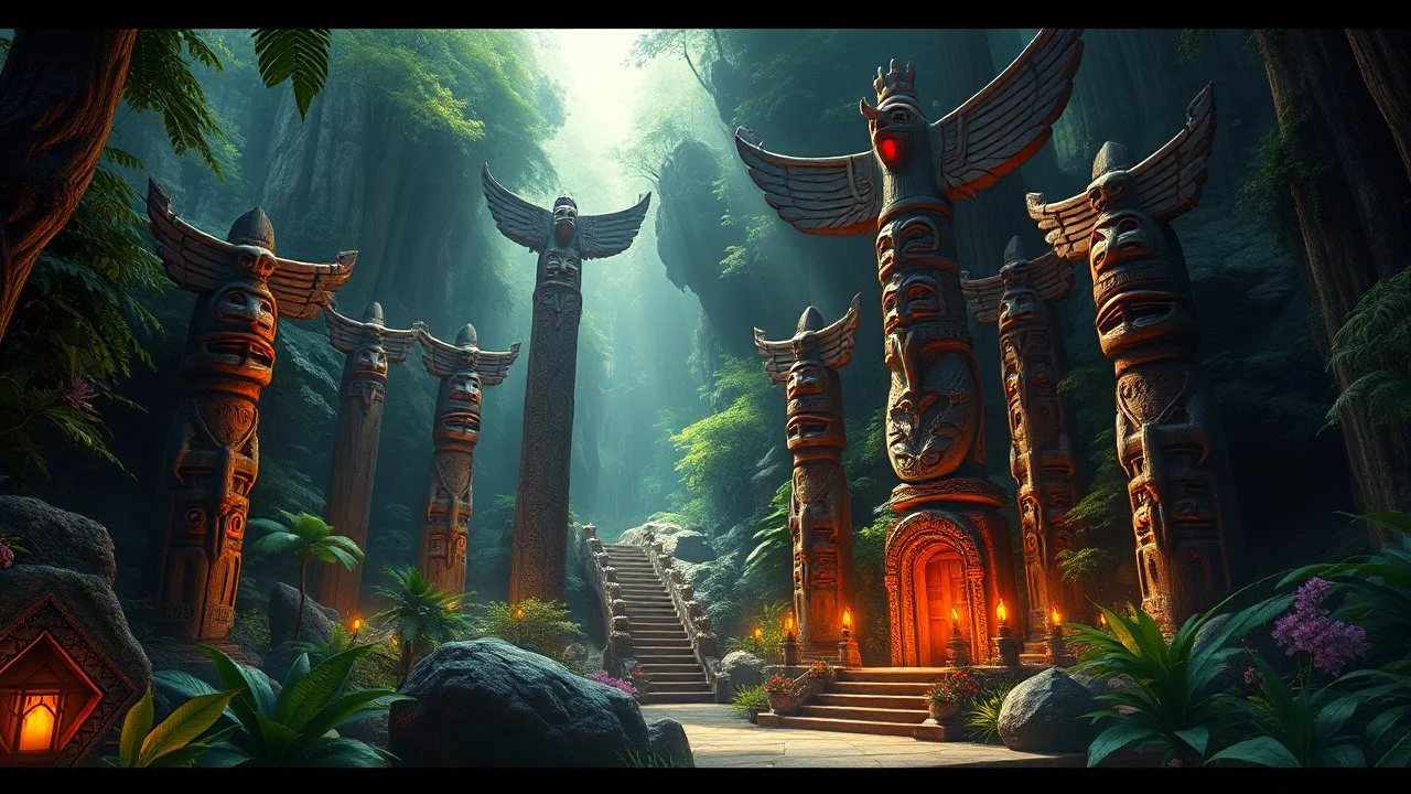 A mystical place of worship featuring ancient totem poles, surrounded by lush greenery and ethereal light, highly detailed, atmospheric, sacred ambiance, digital painting by David Bautista and Artgerm, vibrant colors, lush flora, HDR, magical realism, tranquil setting, 4k resolution