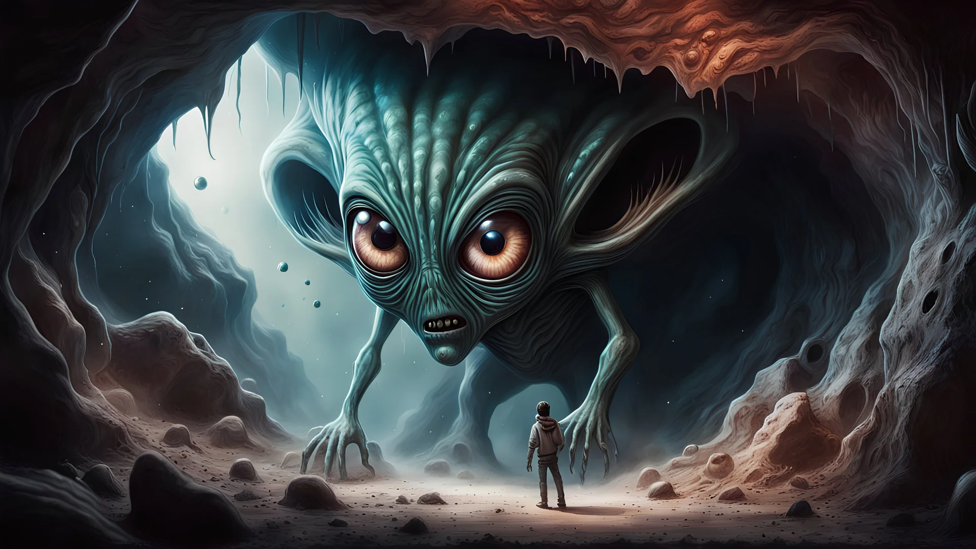 A realistic airbrush illustration of an alien environment with a scary, evil creature with extremely detailed and oversized eyes looking into a large cave, 🌜, ✨, splatter, science fiction, fantasy, phenomena, supernatural, nikon80d, no grain