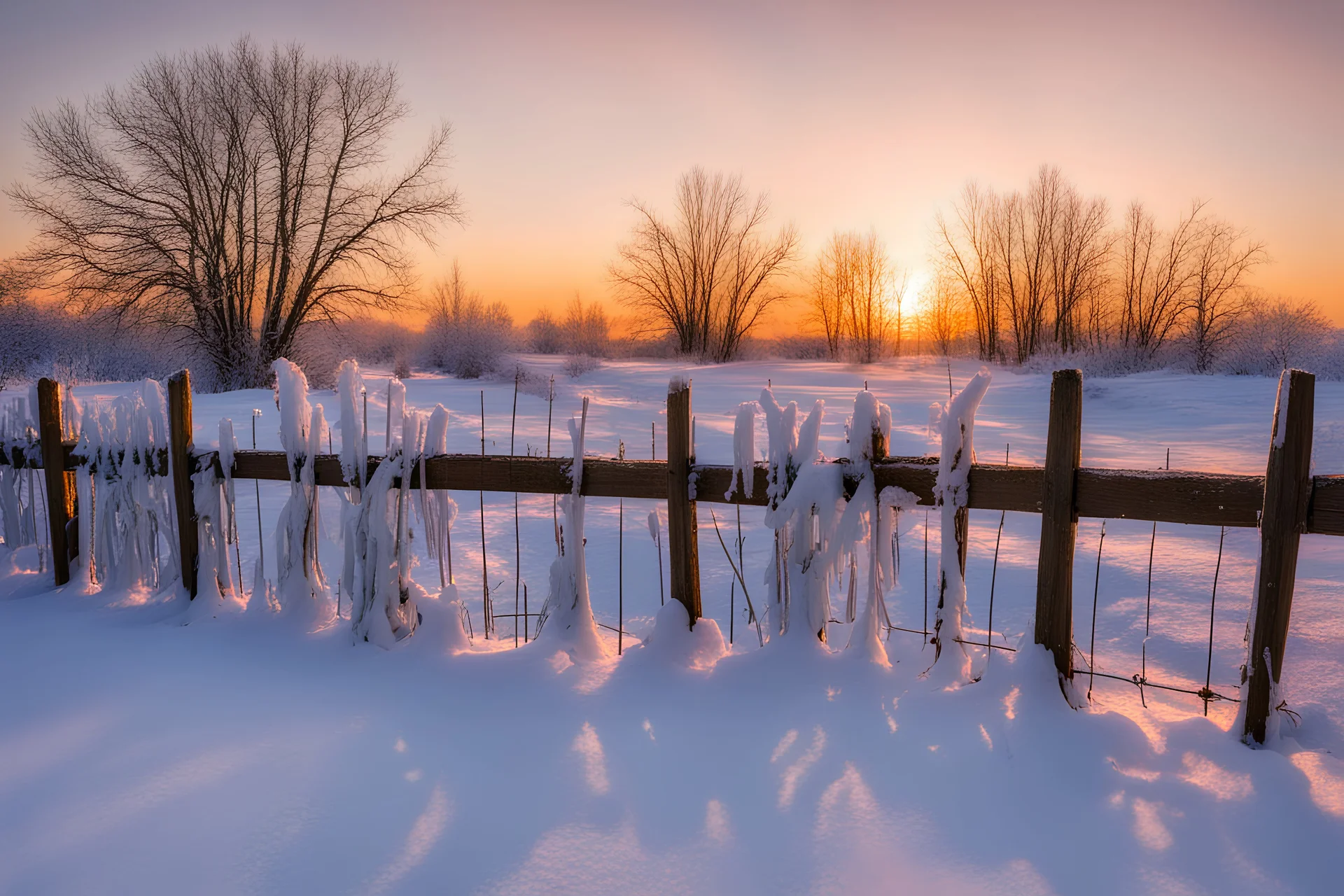 Frozen landscape at sunset, snow and ice on a fence