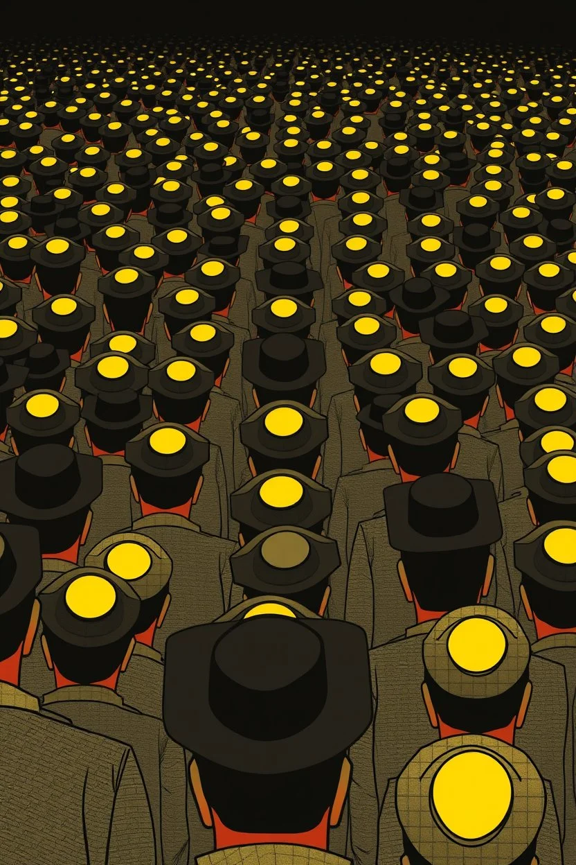 "A conceptual black-and- yellow Red digital illustration of a massive heads withJewish hats walking in the same direction, heads up, symbolizing conformity. The atmosphere feels lifeless and repetitive, emphasizing the ordinary mindset of the majority."