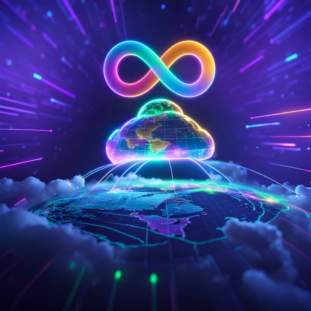 Colourful 3D glowing infinity symbol ∞, hovering above a colourful glowing cloud, network and lights coming from the cloud onto a futuristic map of the globe, inspiring, neon, glowing, friendly, beautiful, octane render, 8k post-production, artstation: award-winning: atmospheric: commanding: fantastical: clarity: 16k: ultra quality: striking: brilliance: liquid medium: stunning colors: amazing depth; lens: f/8, 28mm