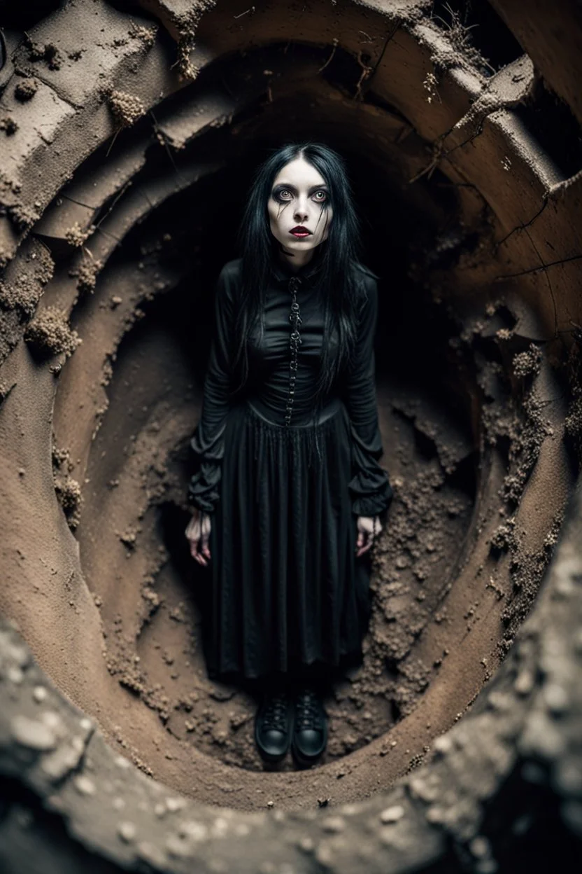 Closeup tall Girl goth with big eyes, fullbody, ragged clothes, extended like roots, the perspective looking up from the bottom of an empty well , behind rats, 8k,macro photography,