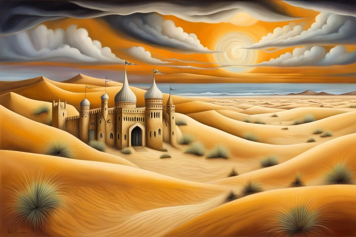 a hidden palace in undulating sand dunes, storm clouds, by artist "Kate Lycett",by artist "Leonora Carrington"