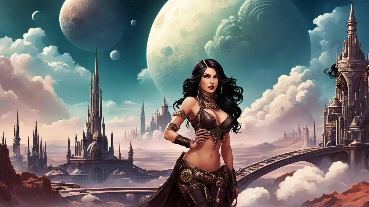 exotic sci-fi steampunk pin-up girl, with long dark hair, on an alien planet with cloud trees, tall spires, buildings, arches and bridges