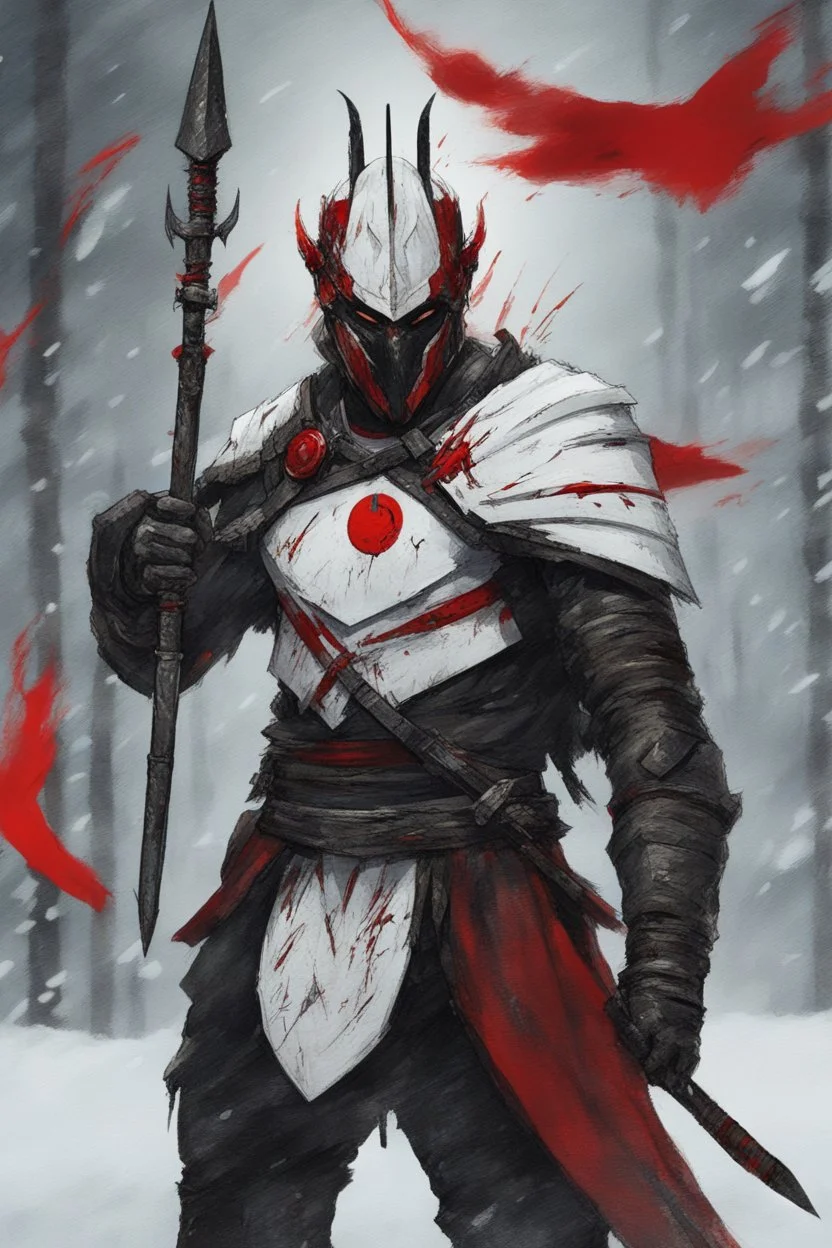 The character, depicted in a striking white armour against a wintry backdrop stands with his hands behind his back inside the scene, he has a red and black circular symbol on his chest like a shield, a black pointed spear with a red handle on his back, His eyes are showing a dynamic expression and he wears a black oni mask with white teeth covering the bottom part of his mouth he has brown shoulder pads and a white belt with a bag attached to it. He has dark brown hair, he does not wear a helmet