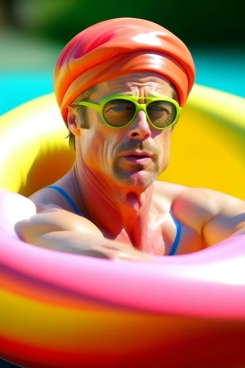 brad pitt sitting in donut swim ring with goggles and a bathing hat on