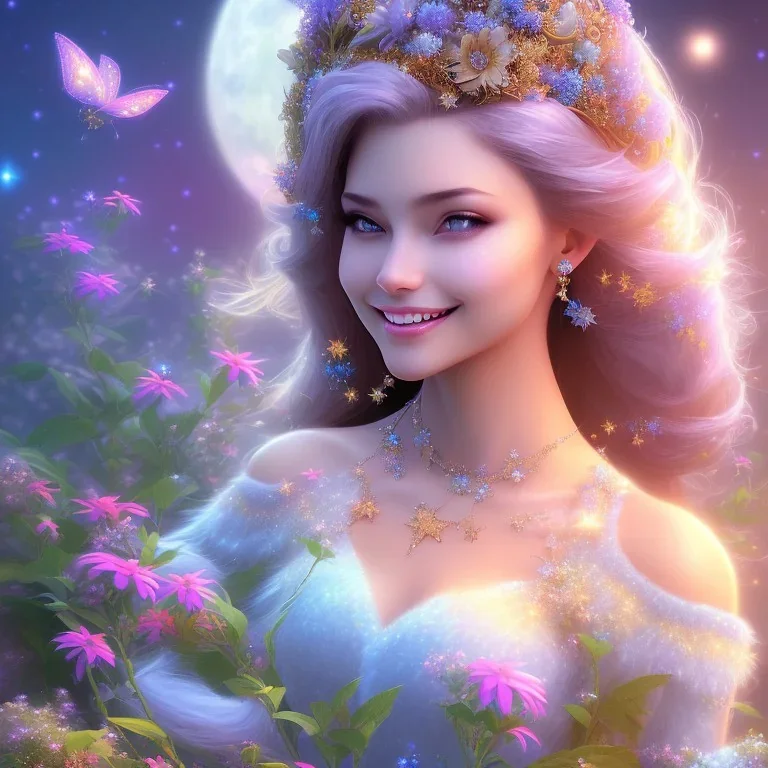 très jolie femme fée souriante , monde en fleurs, rivière , étoiles , concept art, crépuscule , bleu , vibrant Color, réaliste