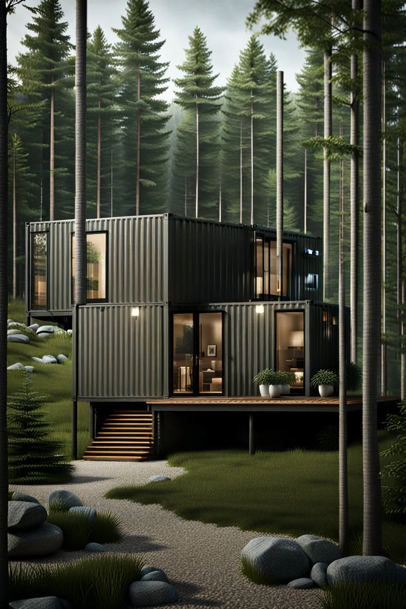 Medium sized, modern house in the woods made from shipping containers, photorealistic