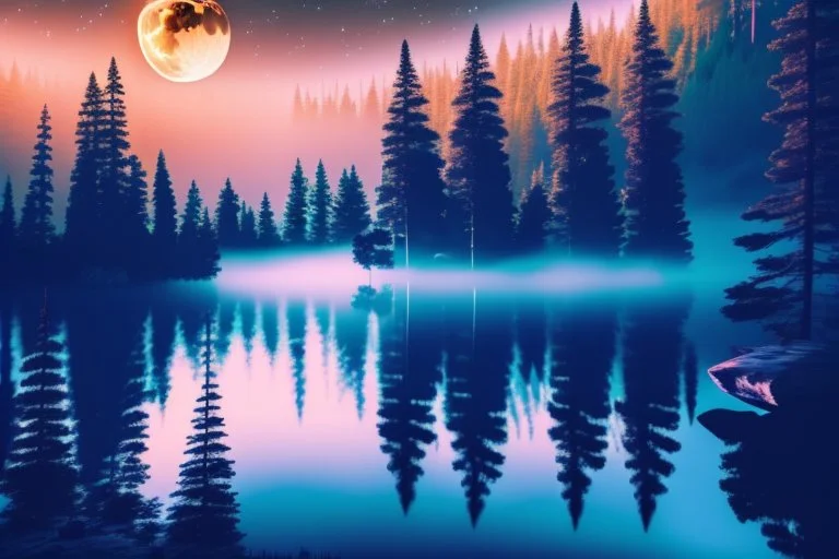 Night, moon, mist, cabin?, pine trees, lagoon reflection, rocks, rocks, sci-fi, epic