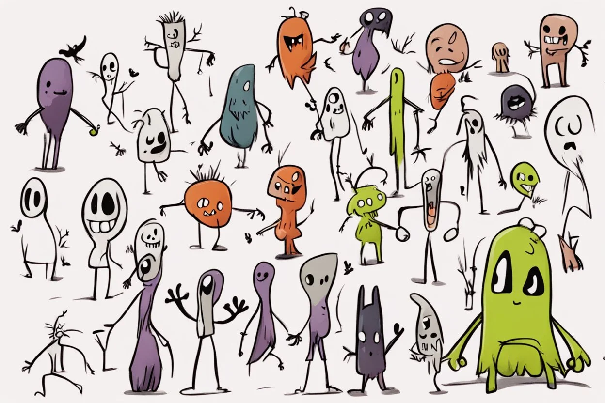 make a bunch of simple hand-drawn spooky and cute cartoon characters with bodies arms, and legs I could draw and make them all different