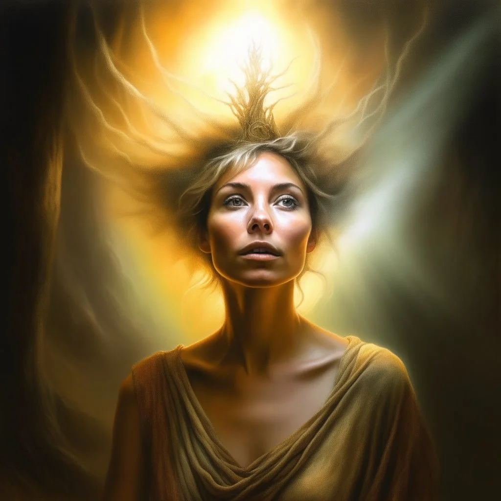 oil painting, portrait of brown hippie pixie hovering in the underground grove sparkling light dust, in the style of dali, 8k, down-light, soft light, depth of field, photo realism, trending on art station, high detail, smoke and fog