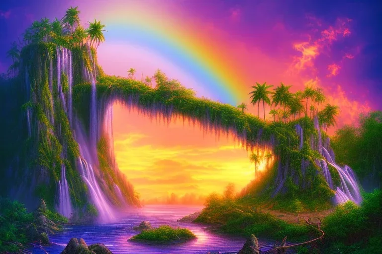 island waterfall palms twigs spring sunset rainbow bridge birds